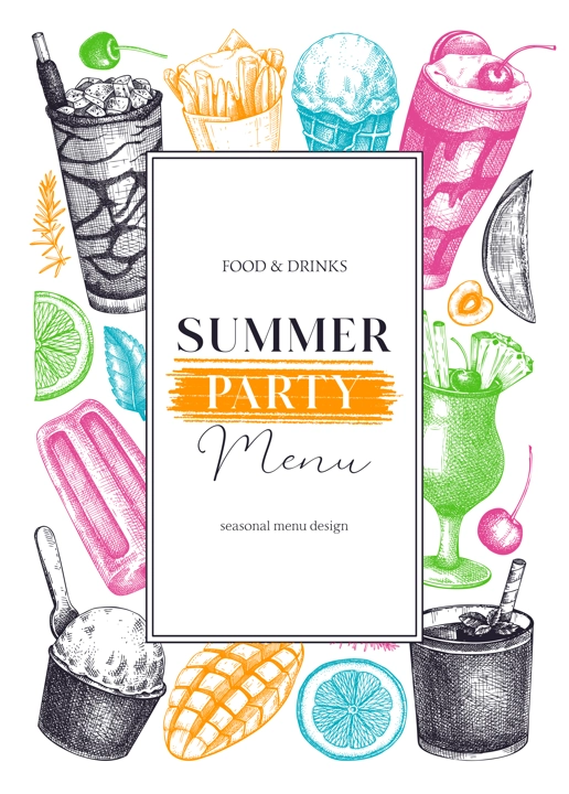 Summer party flyer design. Non-alcoholic beverage, mocktail, ice cream, fruit, cocktail sketches. Hand drawn vector illustration. Summer food and drinks. Tropical background, bar menu, poster design